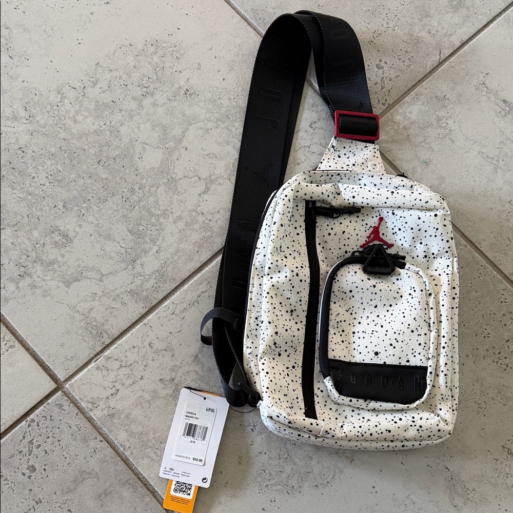 Jordan White Speckle Crossbody Sling with Black Strap and Red Accent